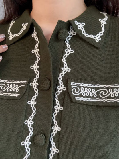 Betty Cardigan - Khaki Ecru Embroidery