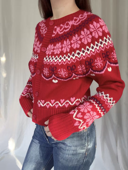 LSF Shantae Wool Fair Isle Cardigan - Red Velvet Truffle