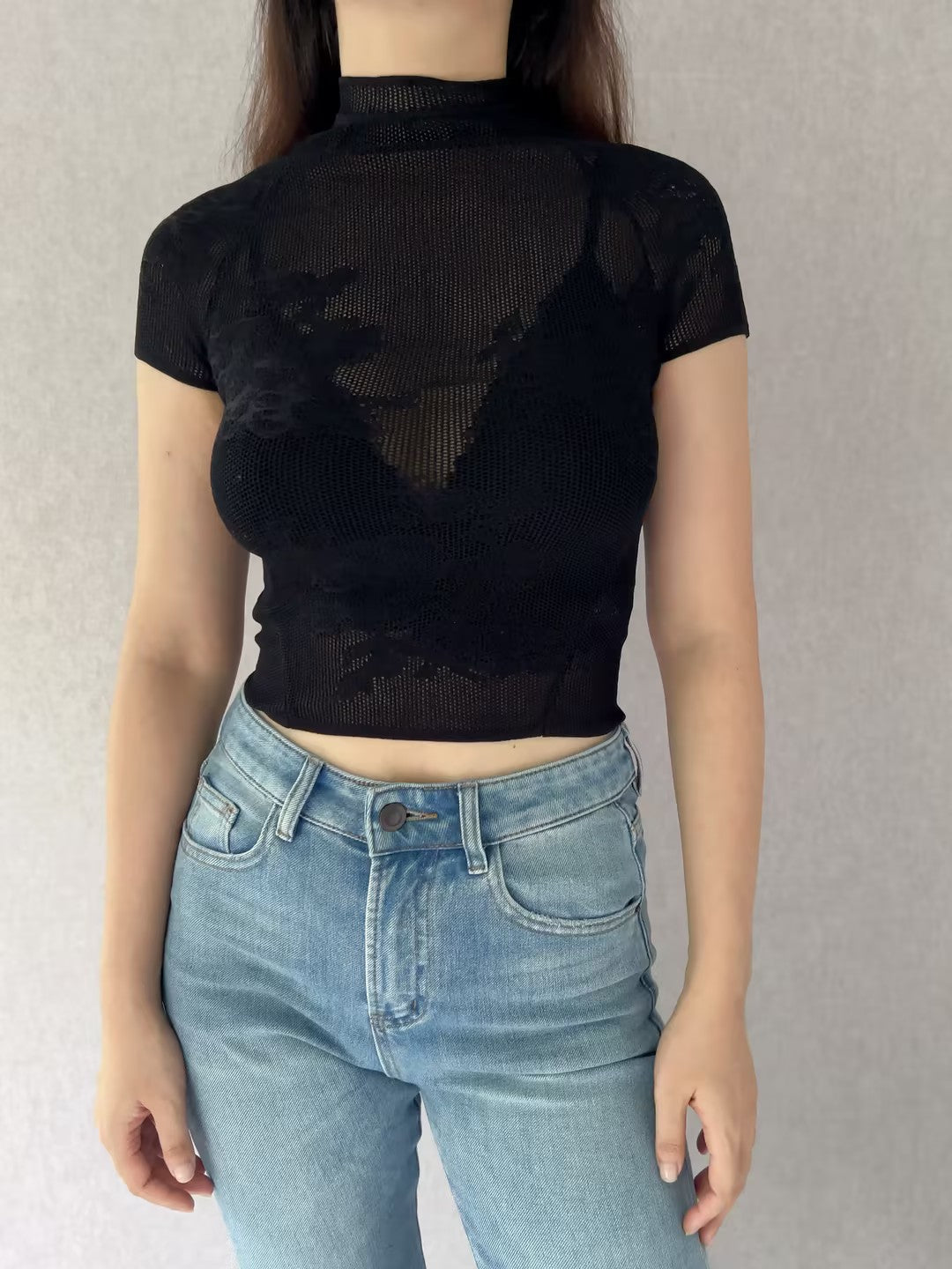 FdM Lace Pointelle Tee - Black in XS