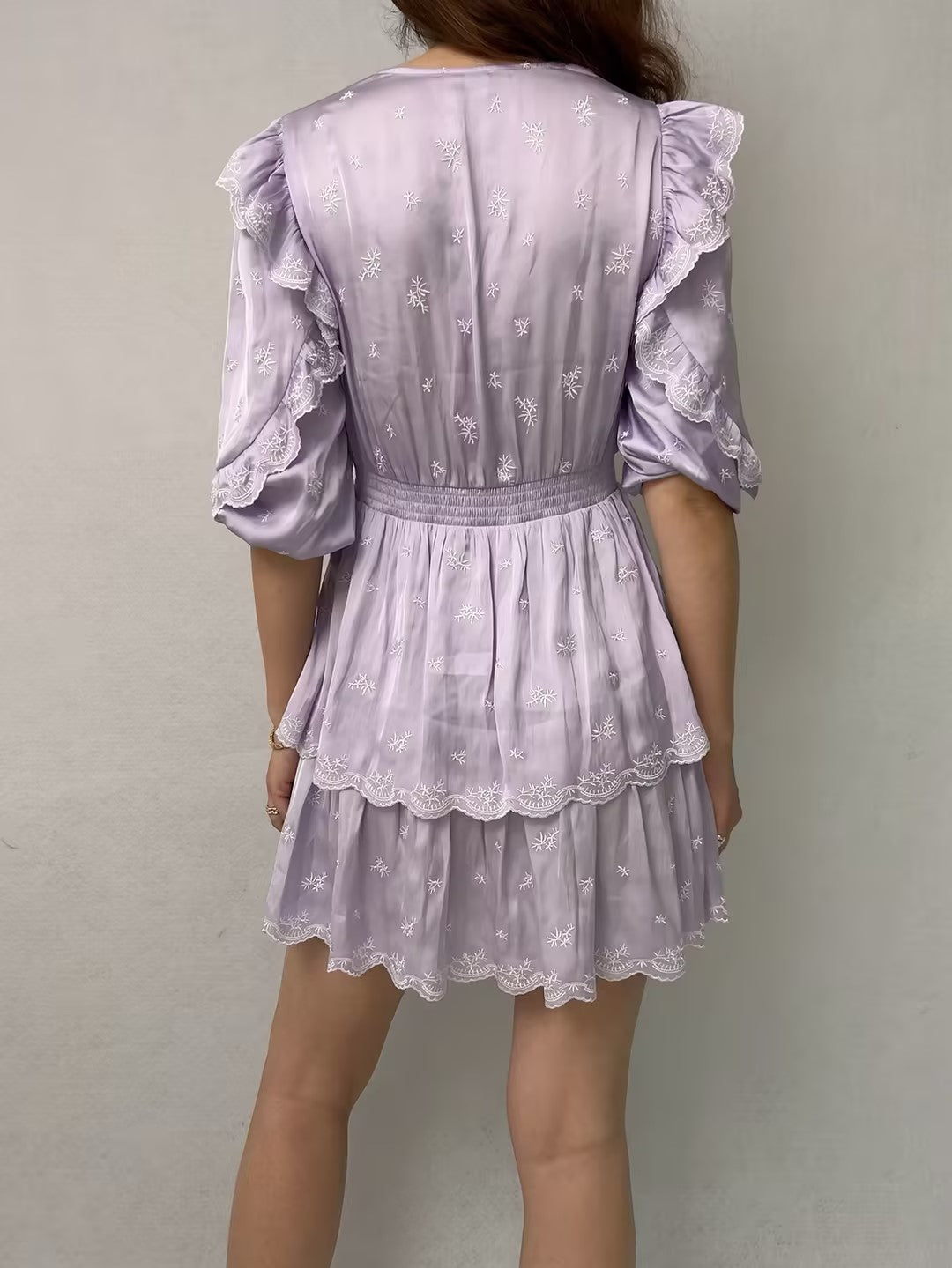 Purple Embroidered Ruffled Mini Dress [size 36 sample sale]