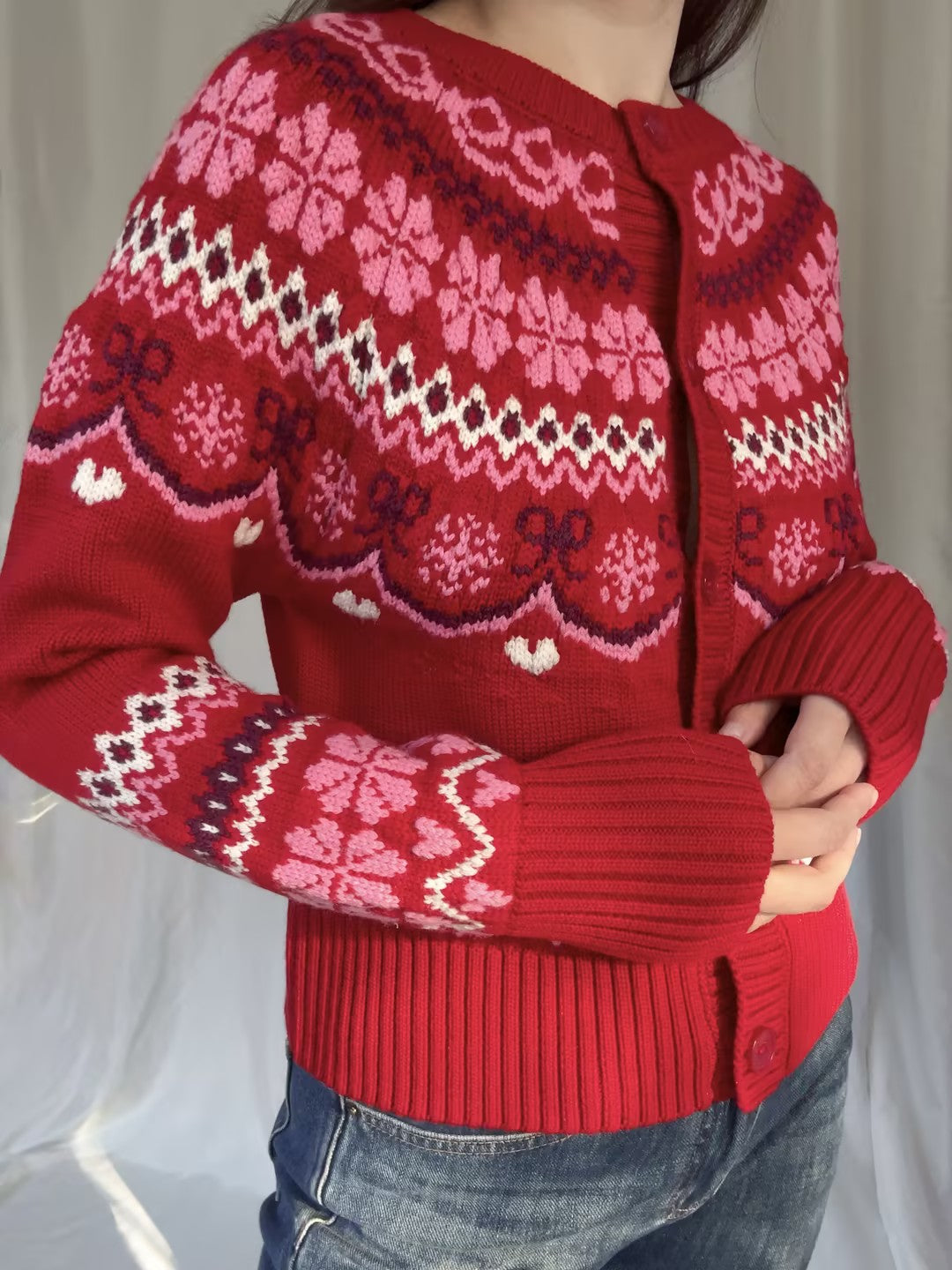 LSF Shantae Wool Fair Isle Cardigan - Red Velvet Truffle
