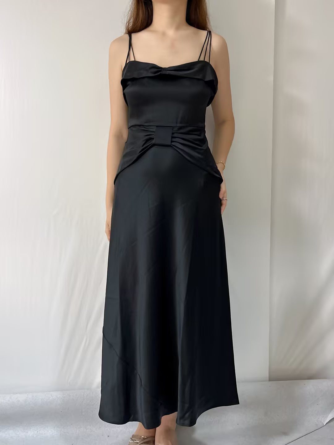 Donneta Satin Midi Dress in Black