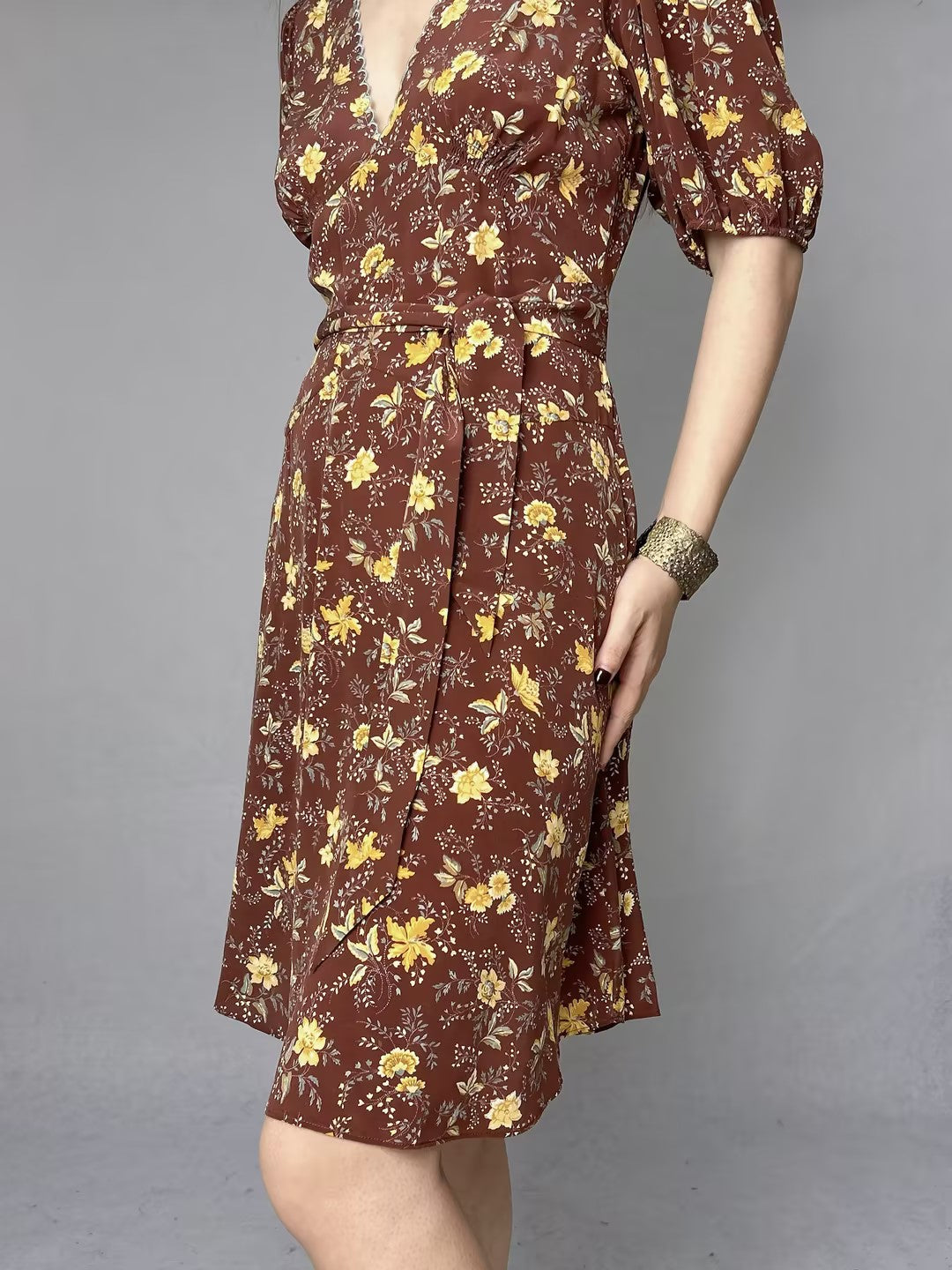 V-Neckline Floral Silk Dress