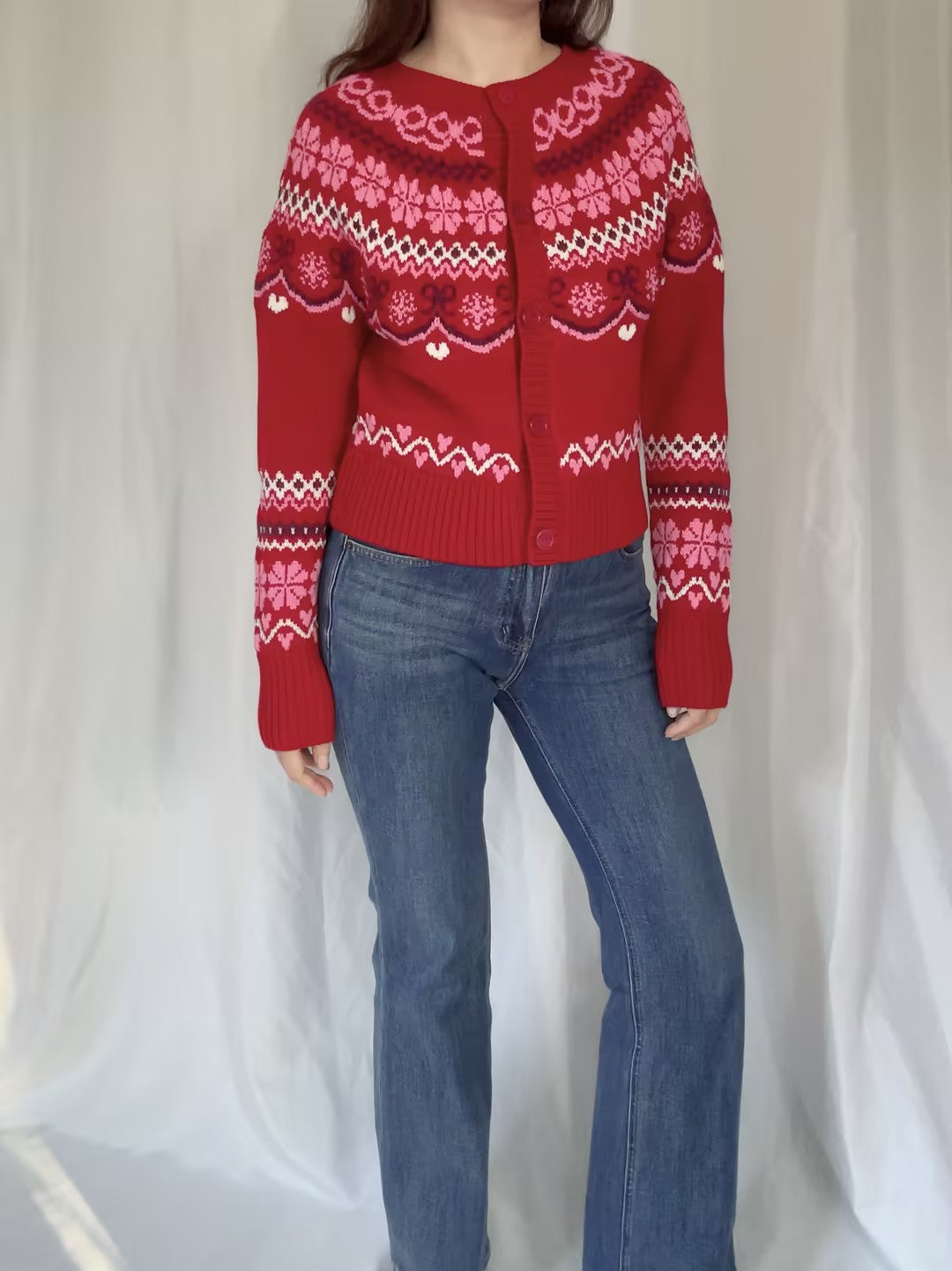 LSF Shantae Wool Fair Isle Cardigan - Red Velvet Truffle