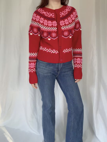 LSF Shantae Wool Fair Isle Cardigan - Red Velvet Truffle