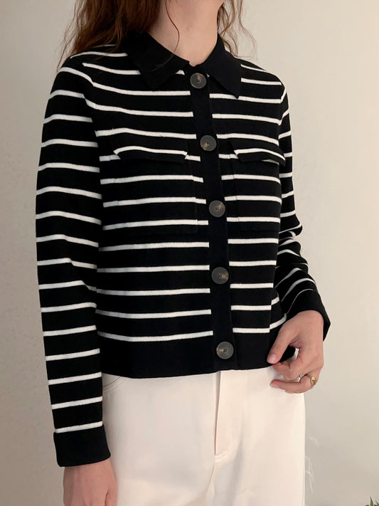 Betty Merino Wool Cardigan in Black/Ecru Stripe
