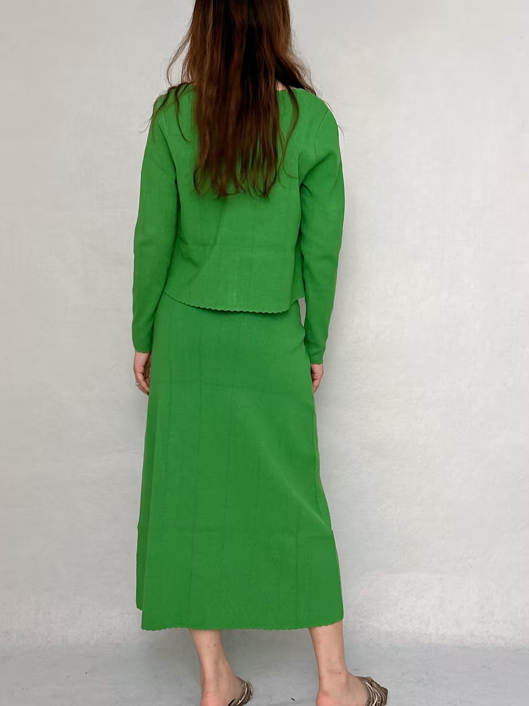 Set: Suzie Top, Elie Cardigan, Francine Skirt in Green [size M sample sale]