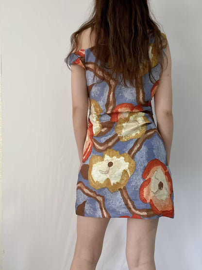 Floral Printed Linen Short Dress