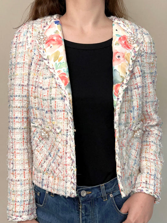 Veste fleurie en tweed multicolore 