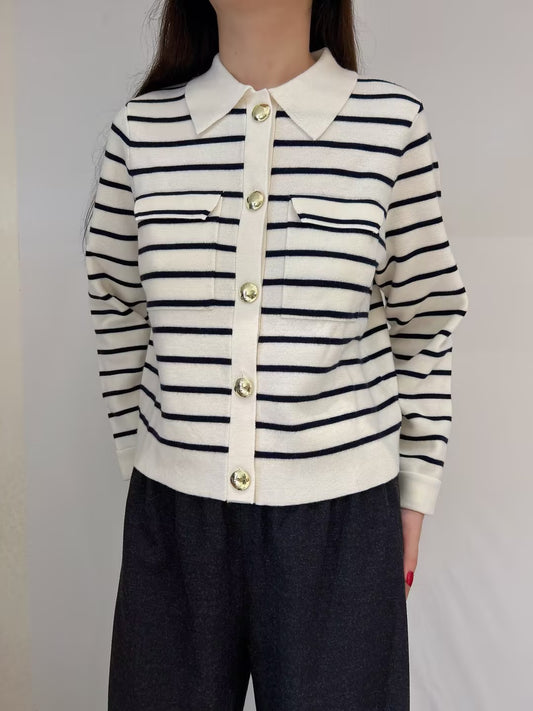 Betty Merino Wool Cardigan in Striped Ecru / Navy with Golden Buttons