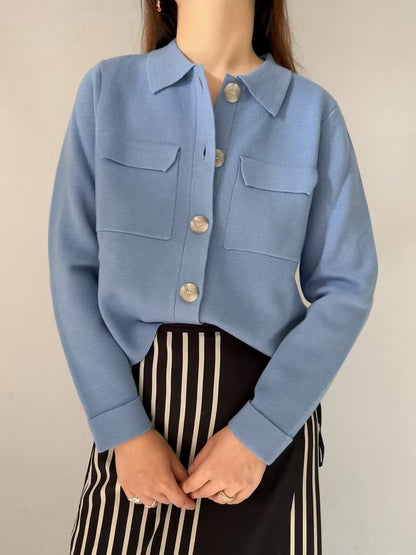 Betty Merino Wool Cardigan in Vintage Blue