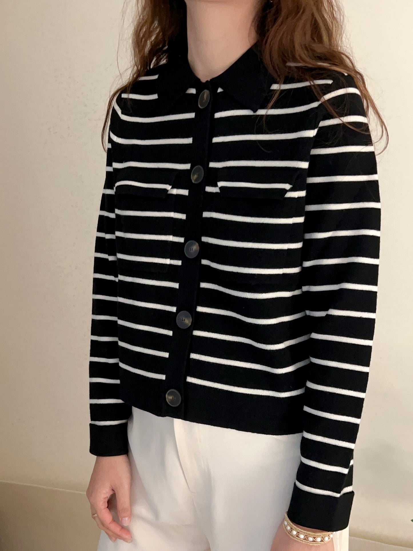 Betty Merino Wool Cardigan in Black/Ecru Stripe