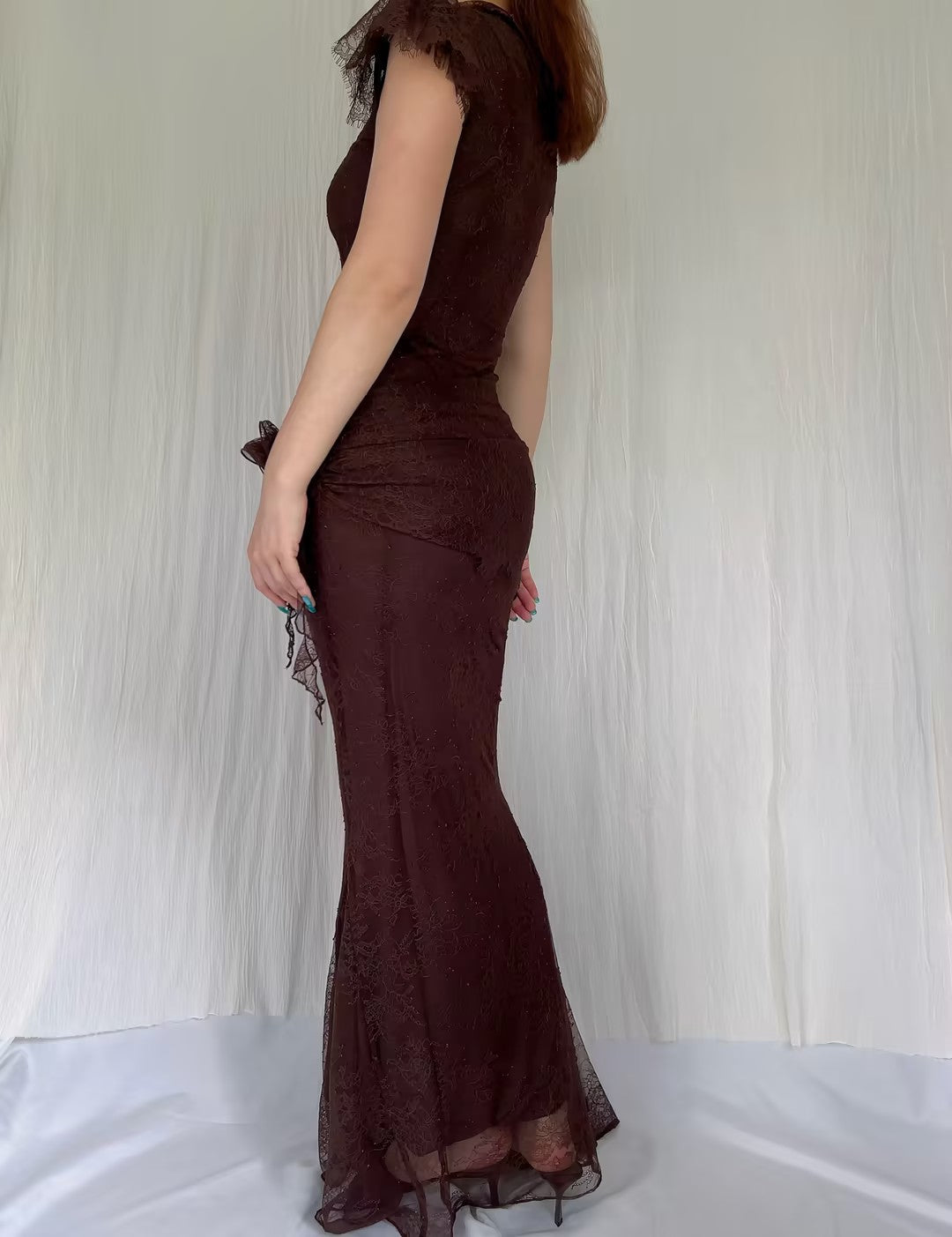 Robe longue Silentium - Dentelle marron chocolat en UK8