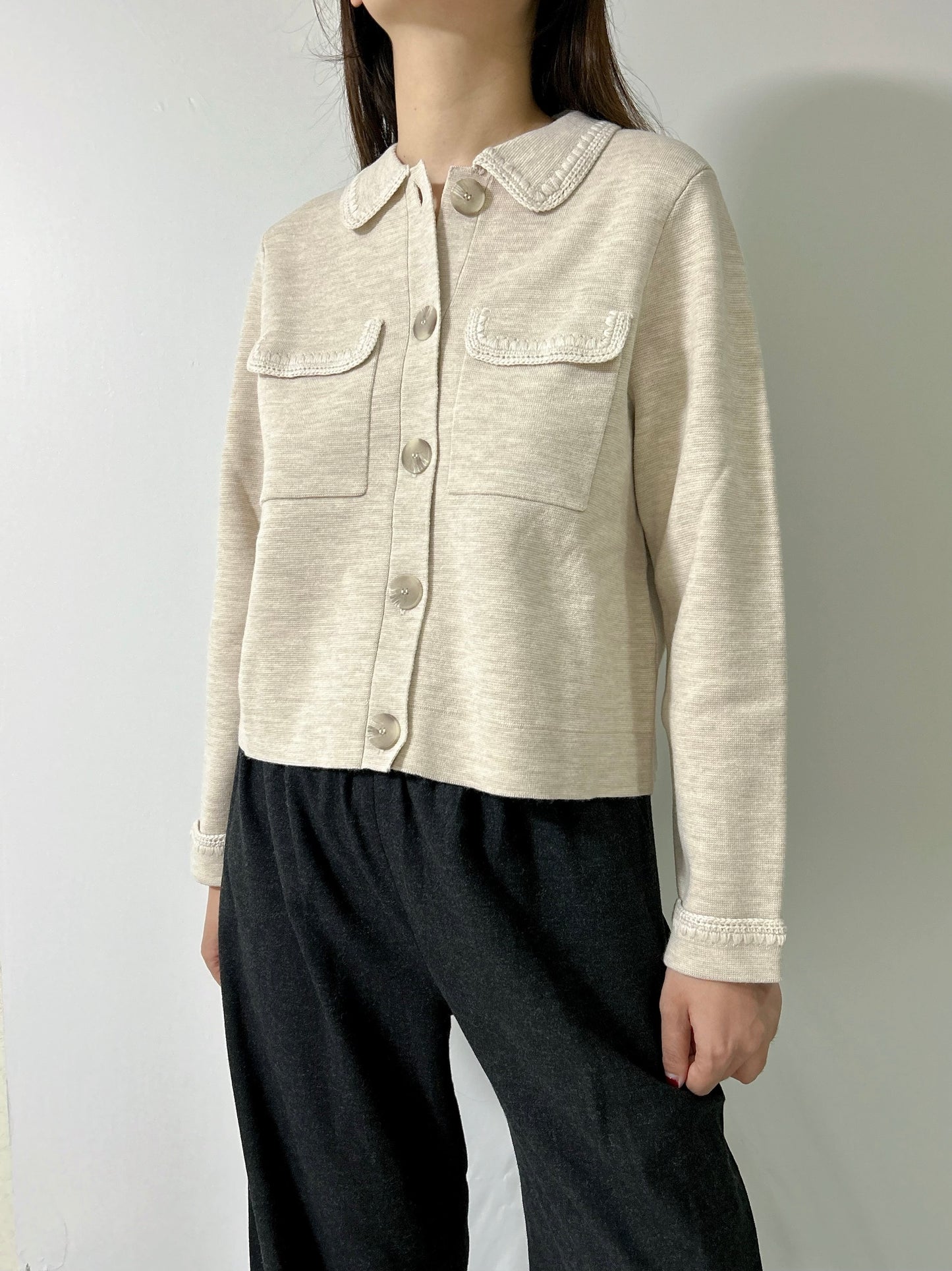 Betty Merino Wool Cardigan in Mottled Beige Crochet