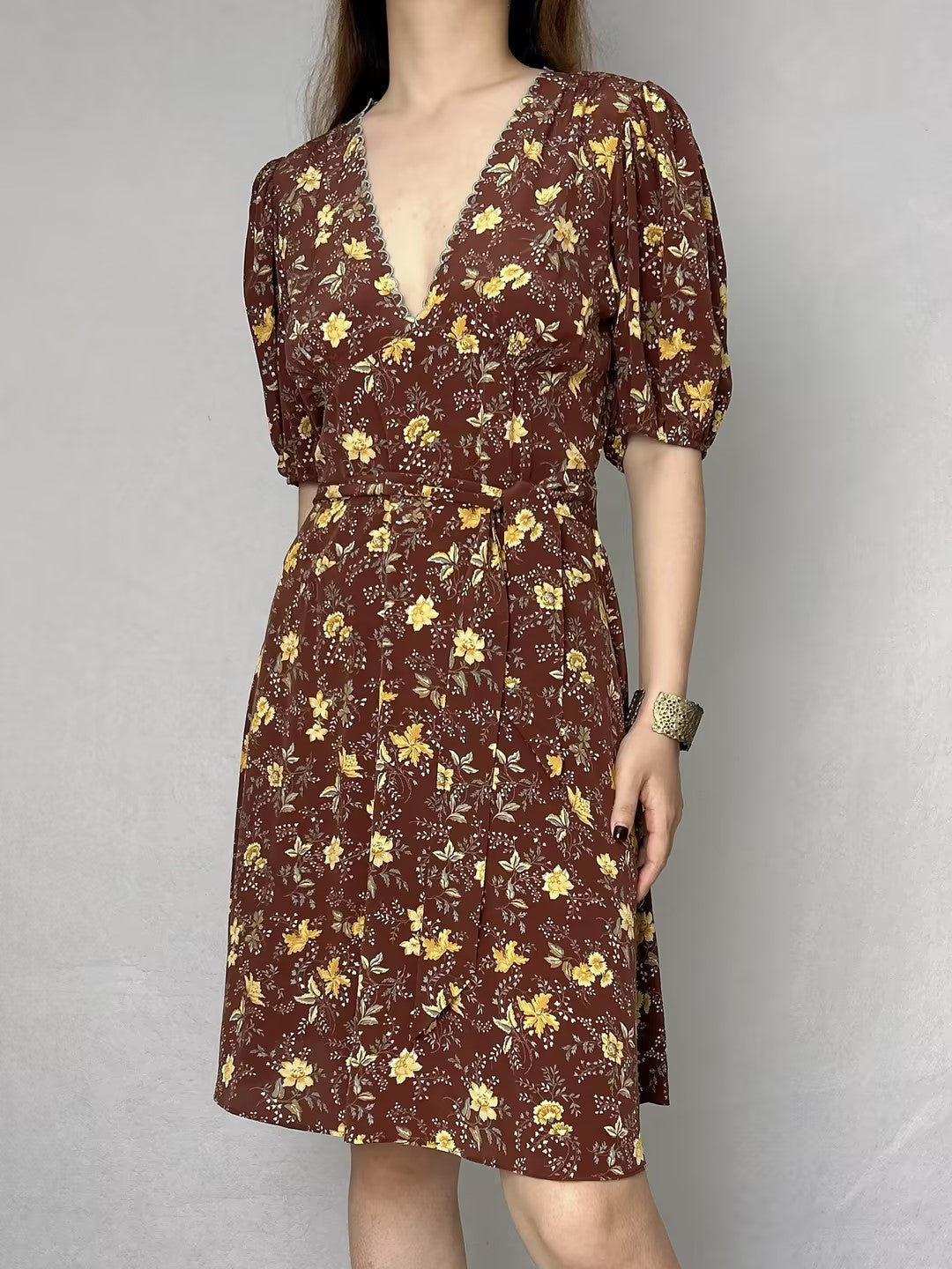 V-Neckline Floral Silk Dress