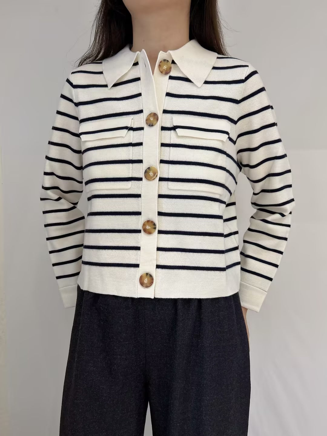 Betty Merino Wool Cardigan in Striped Ecru / Navy