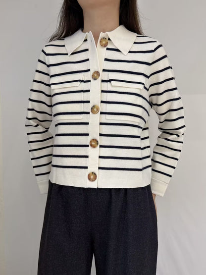 Betty Merino Wool Cardigan in Striped Ecru / Navy