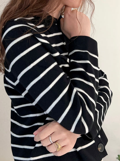 Betty Merino Wool Cardigan in Black/Ecru Stripe