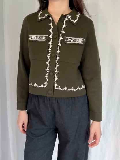 Betty Cardigan - Khaki Ecru Embroidery