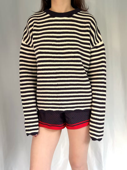 CL Stripe Crochet Crewneck Sweater in S