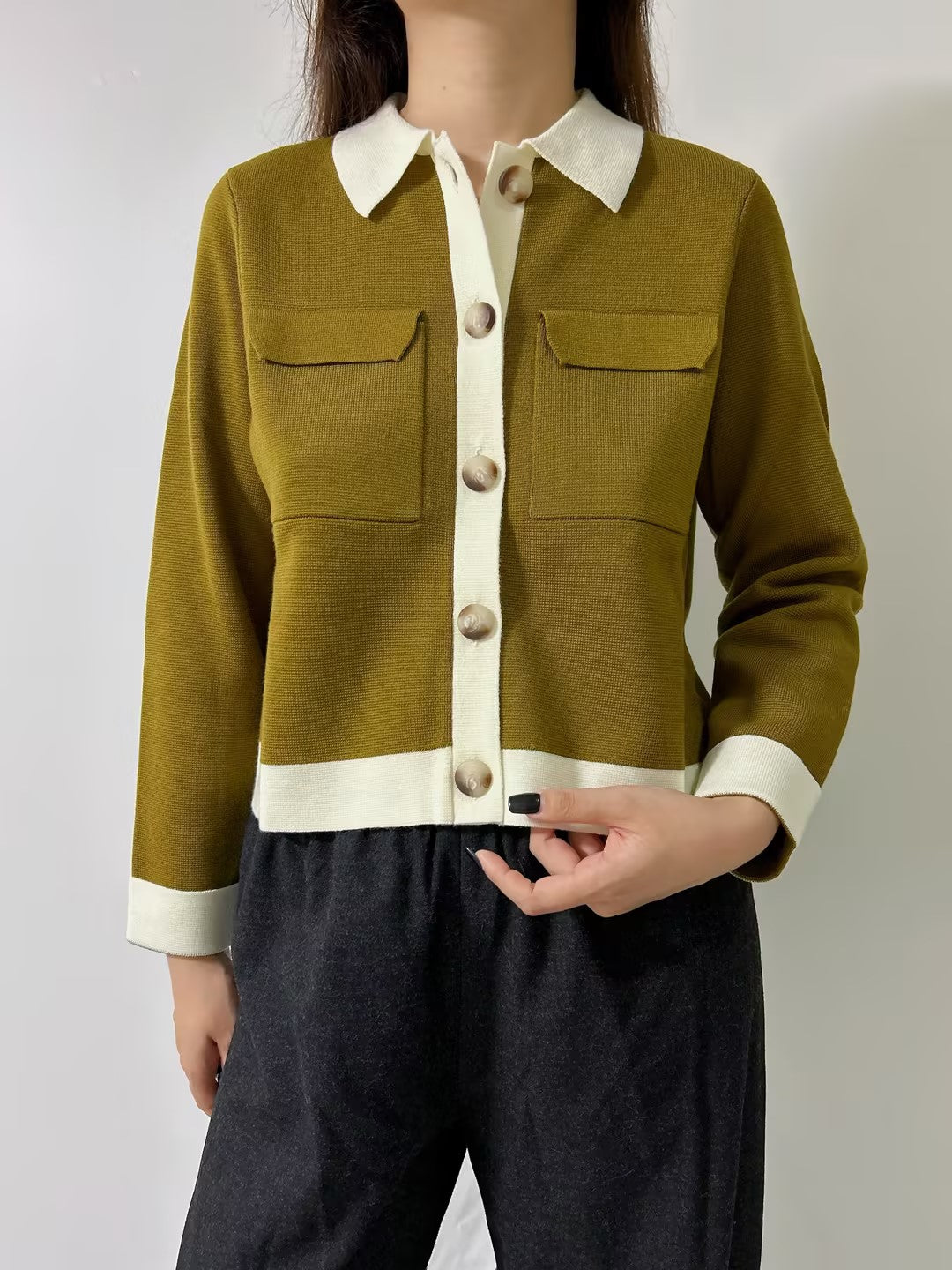 Betty Merino Wool Cardigan in Olive Green with Ecru Details