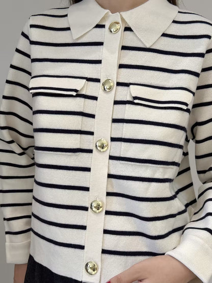 Betty Merino Wool Cardigan in Striped Ecru / Navy with Golden Buttons