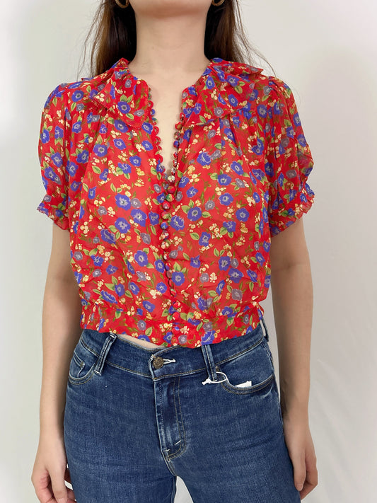 Anaise Floral Silk Top in Red Dayflower Meadow