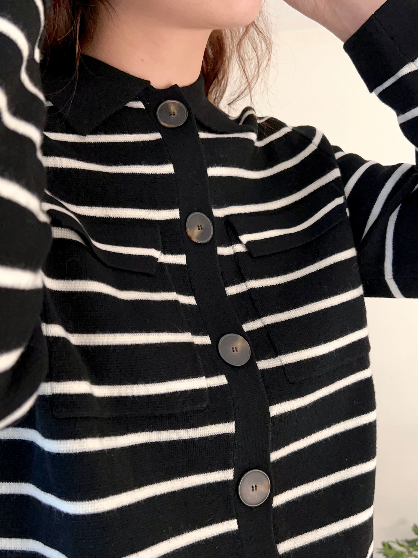 Betty Merino Wool Cardigan in Black/Ecru Stripe