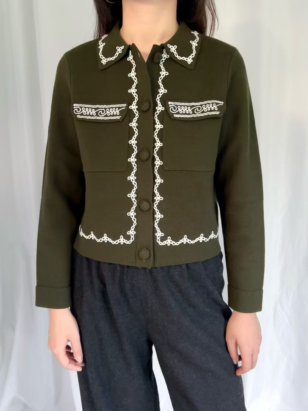 Betty Cardigan - Khaki Ecru Embroidery