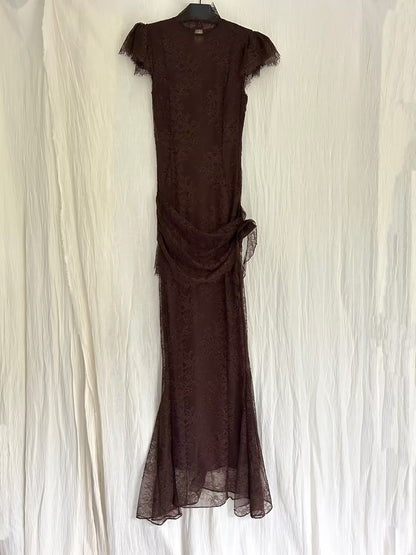 Robe longue Silentium - Dentelle marron chocolat en UK8