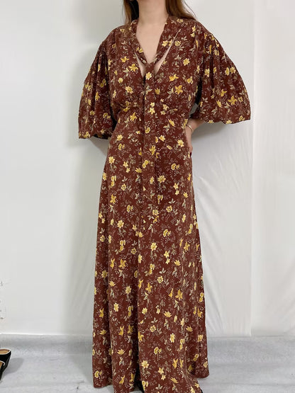 Blossom Floral Silk Dress in Cherrywood Winding Vine in XXL