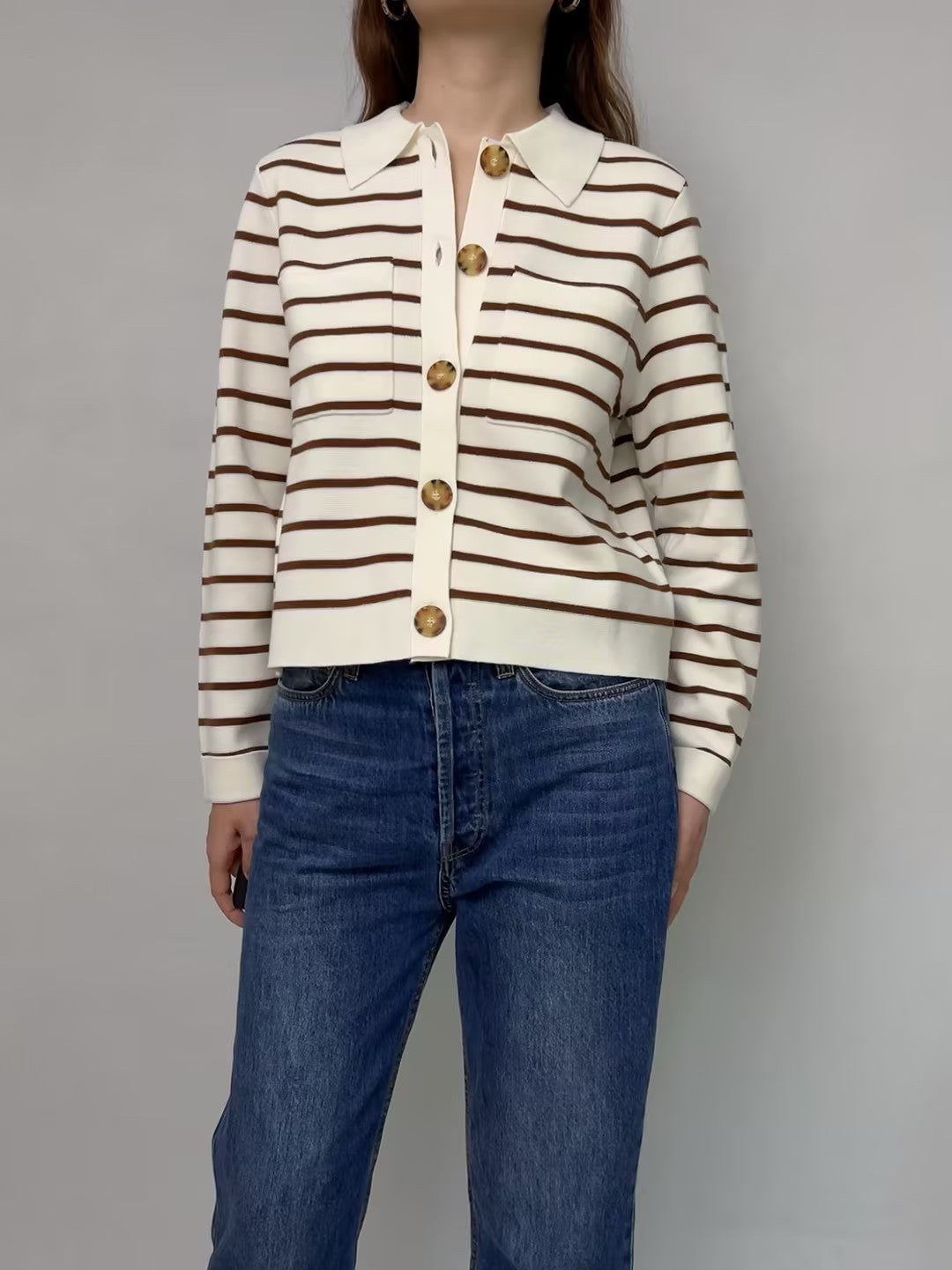 Betty Merino Wool Cardigan in Ecru/Camel Stripe