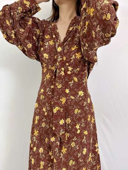 Blossom Floral Silk Dress in Cherrywood Winding Vine in XXL