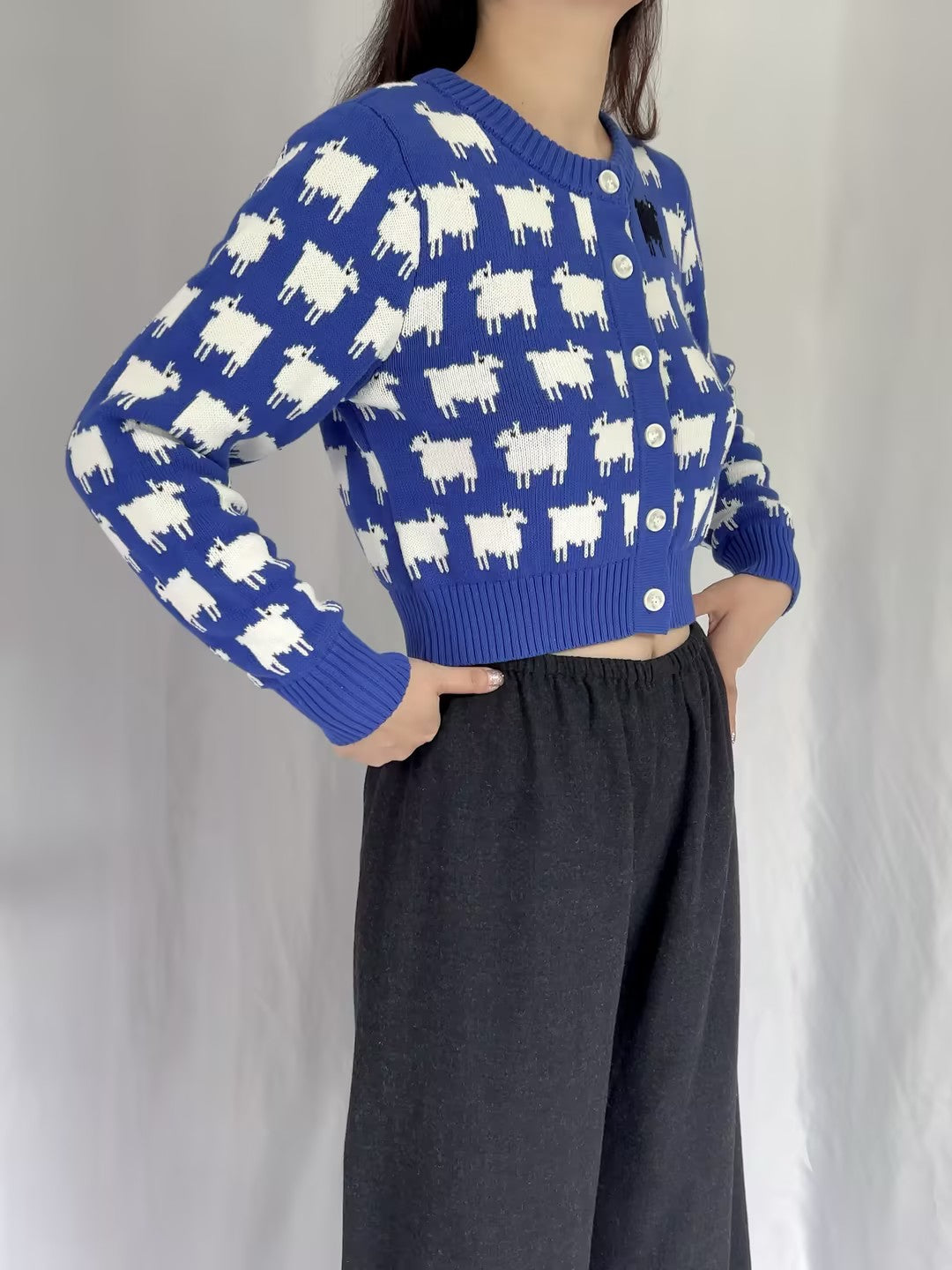 WW Cotton Cropped Sheep Cardigan - Bright Blue (contact for other sizes)