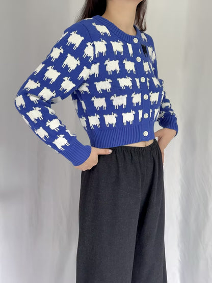 WW Cotton Cropped Sheep Cardigan - Bright Blue (contact for other sizes)