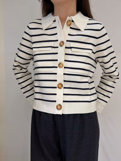 Betty Merino Wool Cardigan in Striped Ecru / Navy