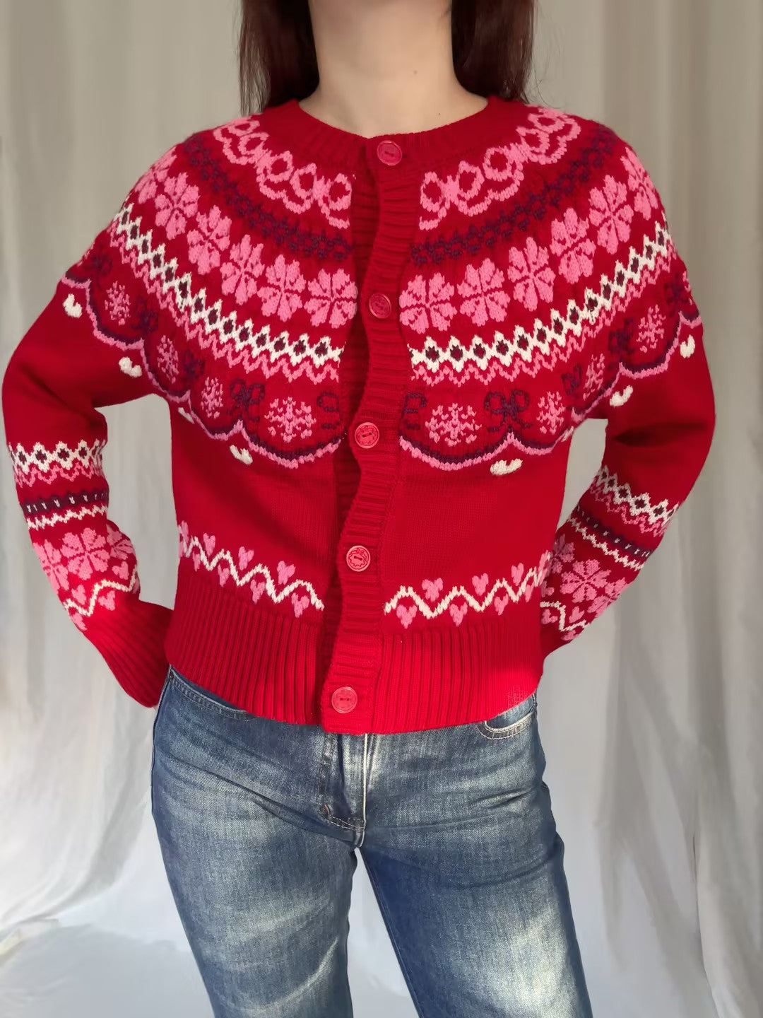 LSF Shantae Wool Fair Isle Cardigan - Red Velvet Truffle