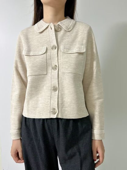 Betty Merino Wool Cardigan in Mottled Beige Crochet