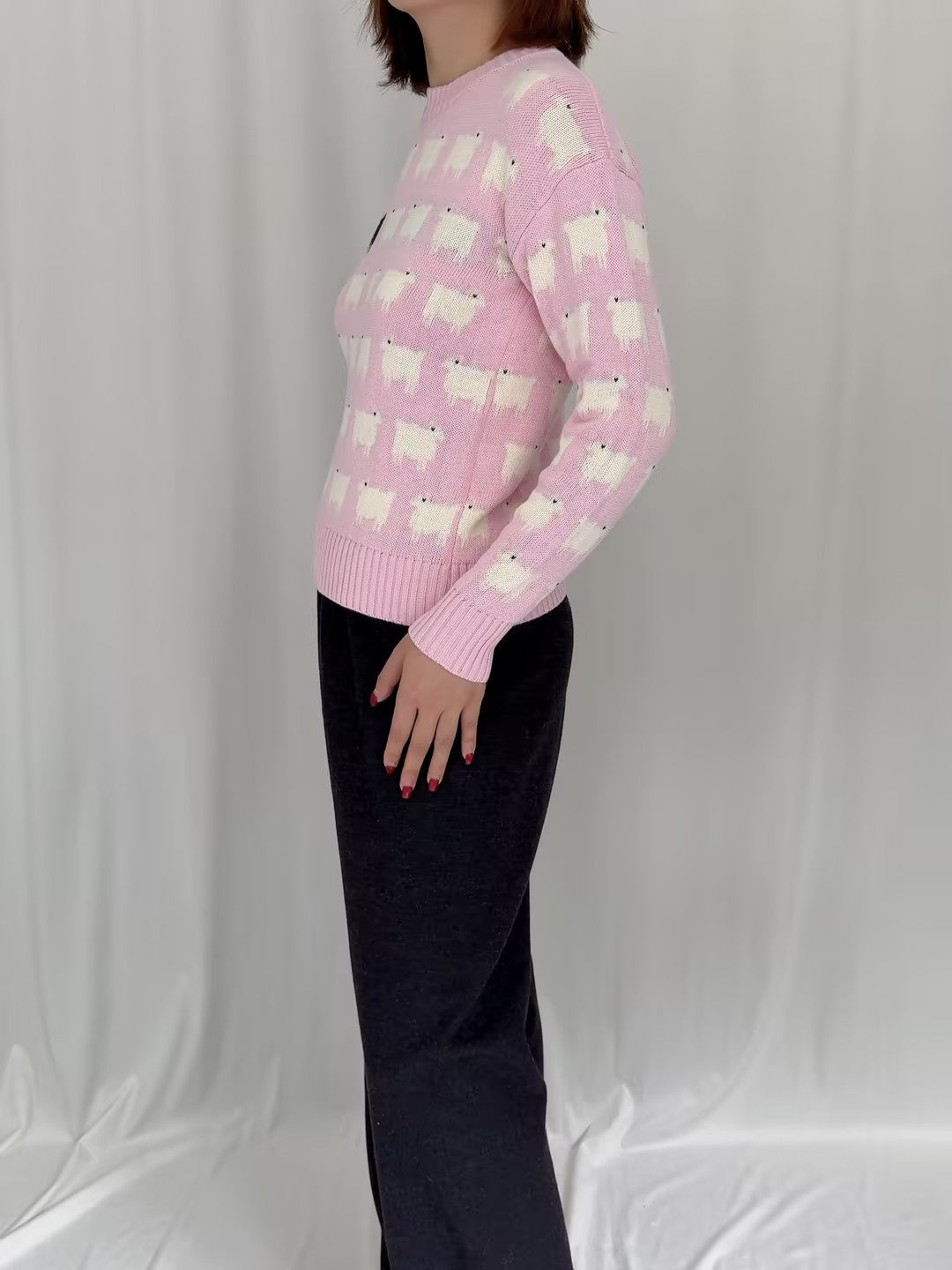 Women's Fitted Cotton Sheep Sweater - Pink
