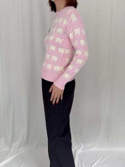 Women's Fitted Cotton Sheep Sweater - Pink