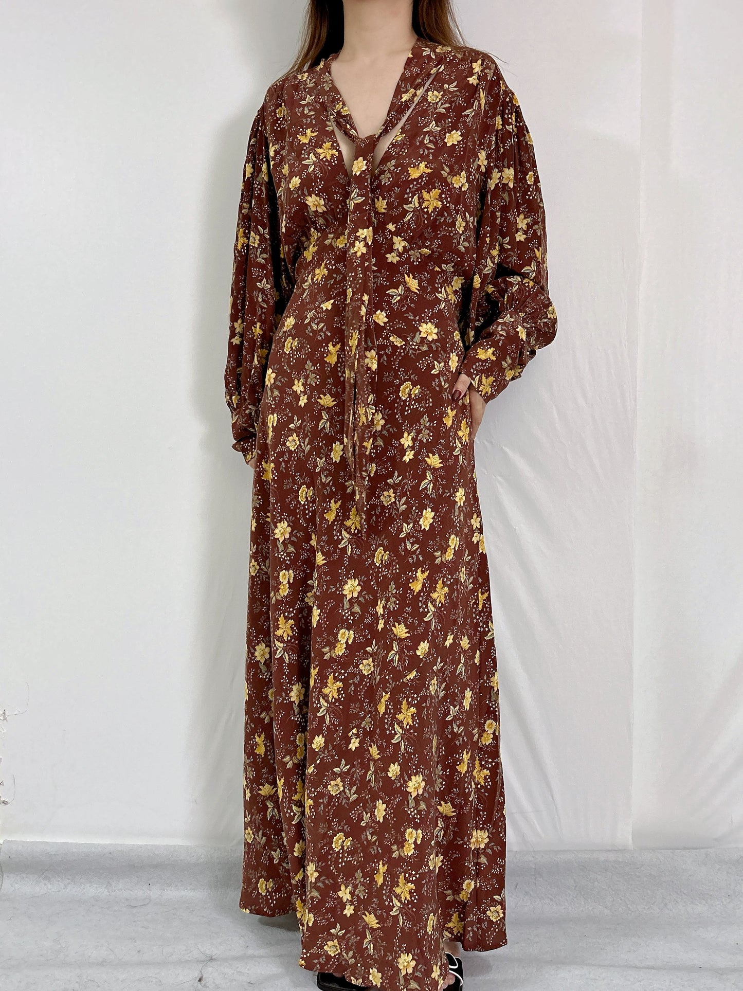 Blossom Floral Silk Dress in Cherrywood Winding Vine in XXL