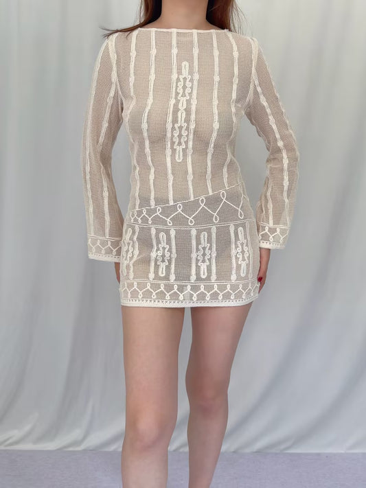 Embroidered Cotton Mesh Mini Dress in XS