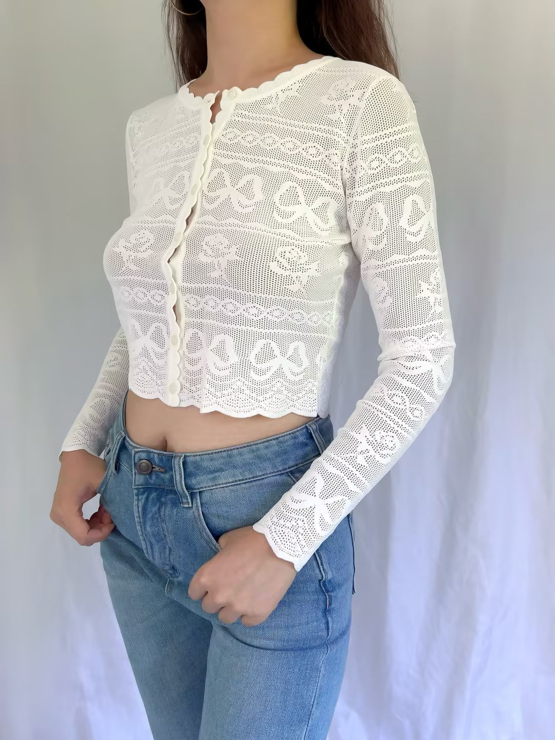 Cardigan festonné en pointelle LSF Media [Dernier stock]