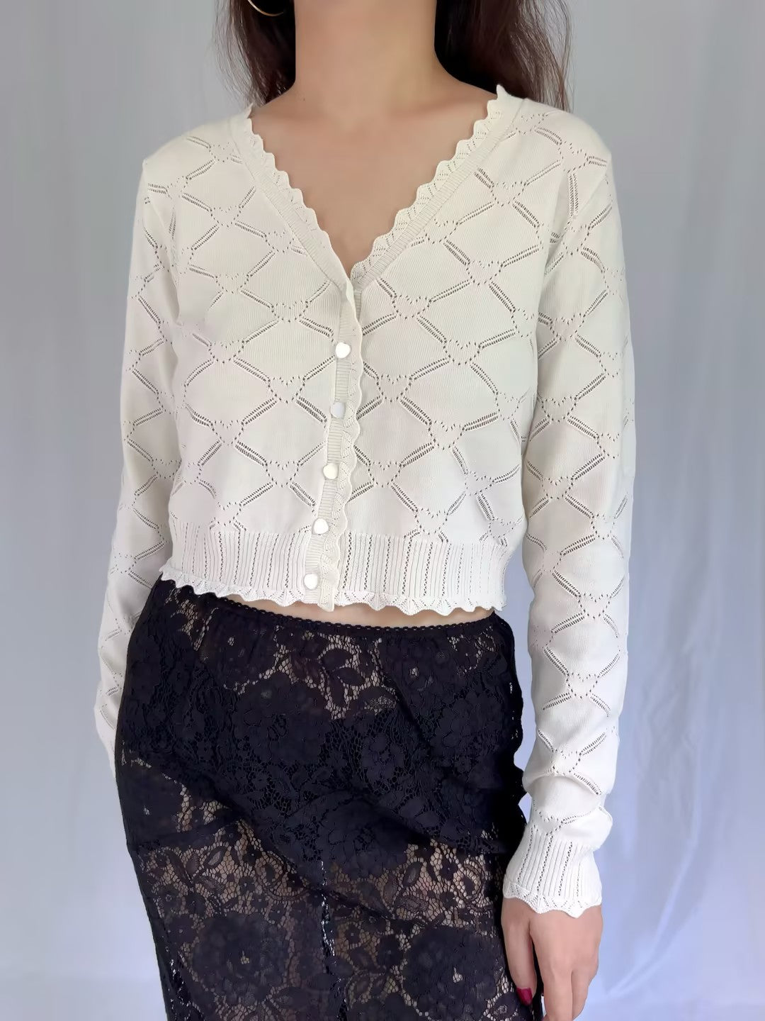 LSF Petra Knit Heart Argyle Cardigan - Parchment