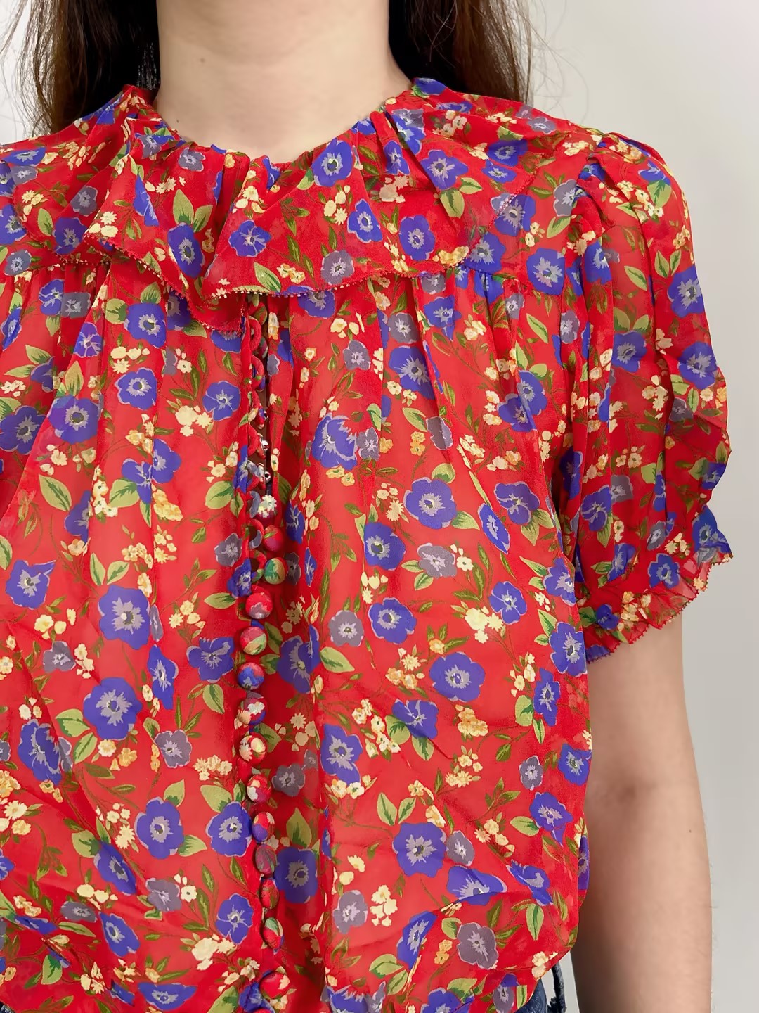 Anaise Floral Silk Top in Red Dayflower Meadow