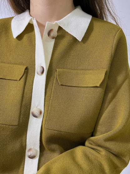 Betty Merino Wool Cardigan in Olive Green with Ecru Details