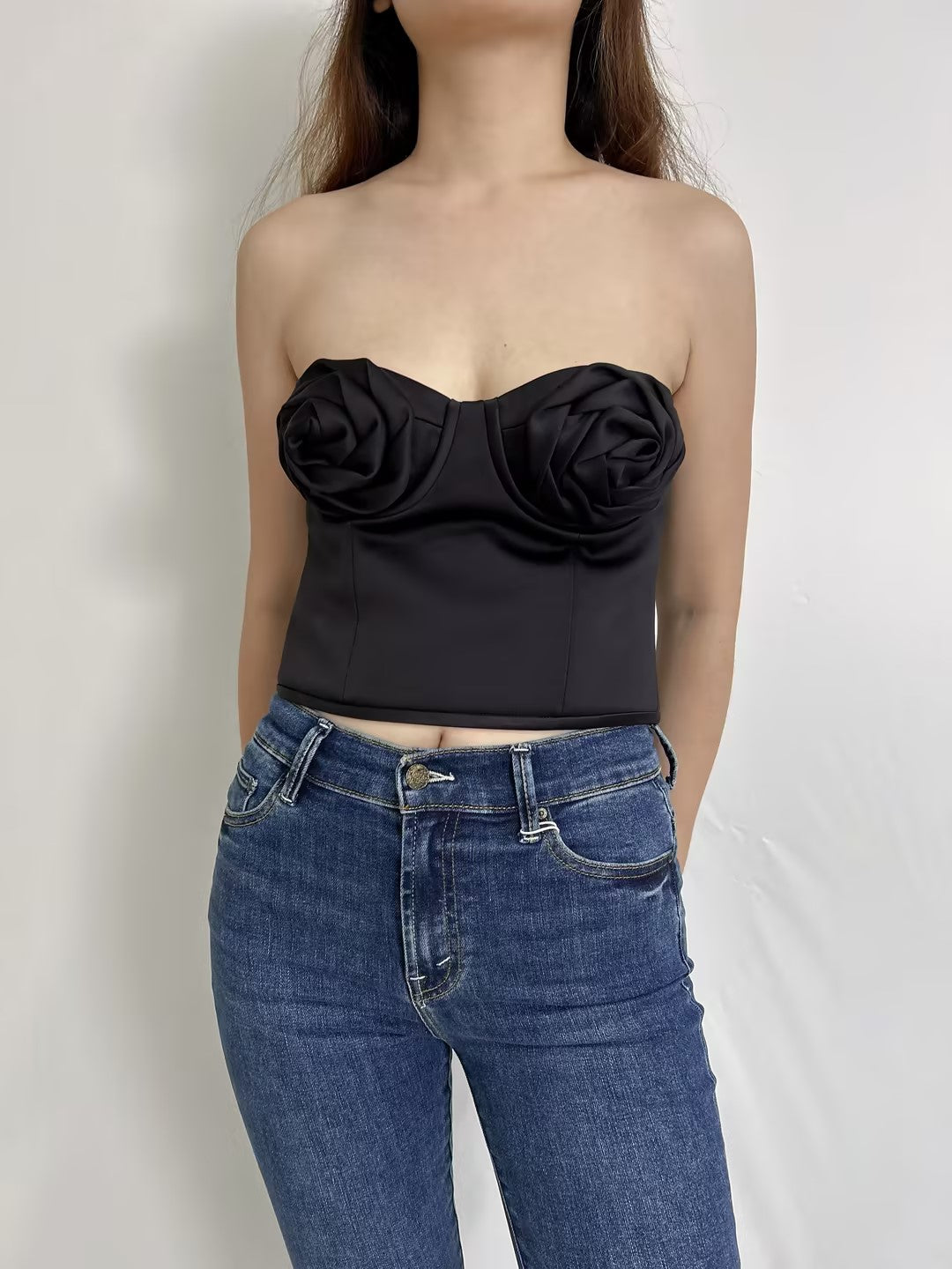 Black 3D Rose Strapless Top