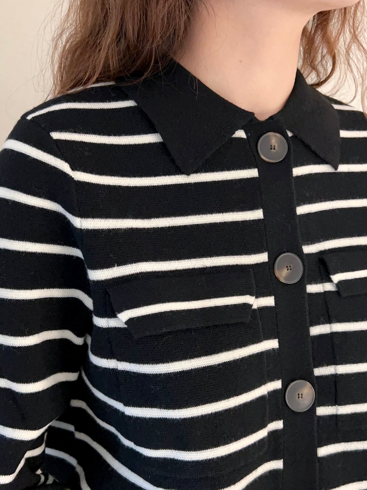 Betty Merino Wool Cardigan in Black/Ecru Stripe