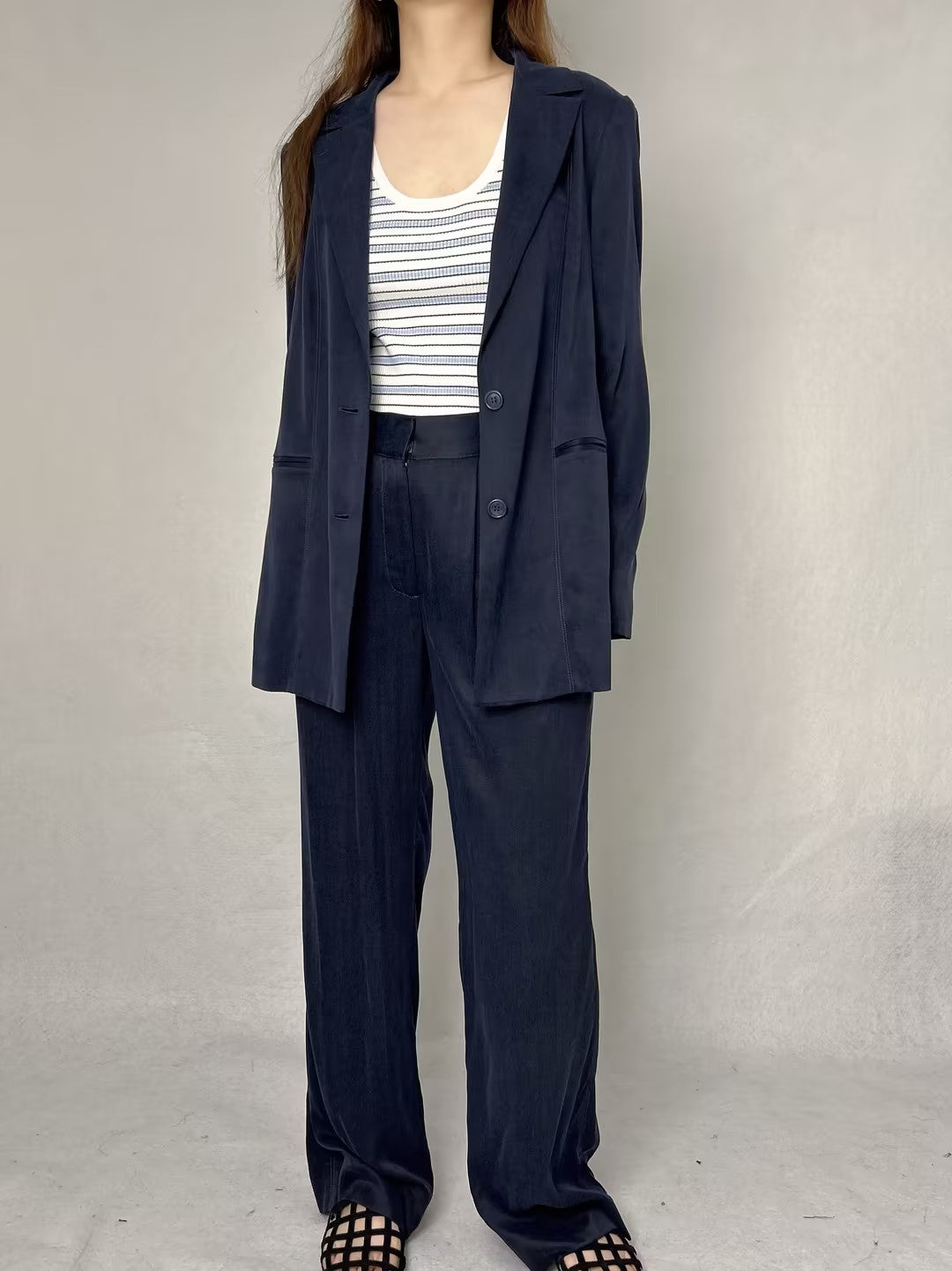 A Stretch Cupro: Relaxed Longline Blazer, Structured Work Trouser