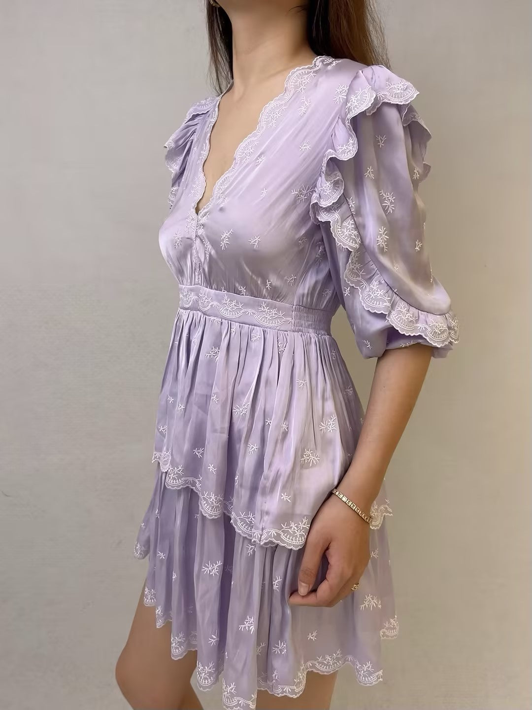 Purple Embroidered Ruffled Mini Dress [size 36 sample sale]